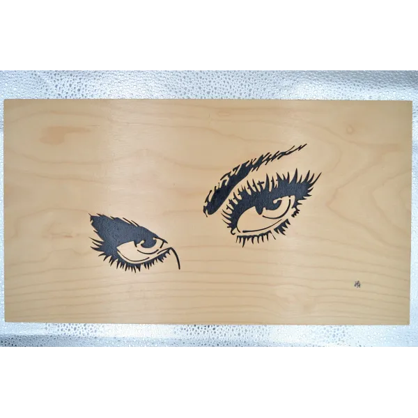 Tableau d'yeux de femme chantourné en bouleau.