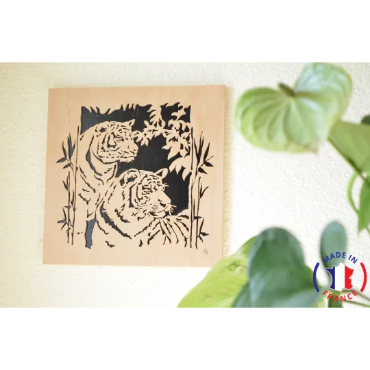 tableau en bois chantournés - tableau couple tigre