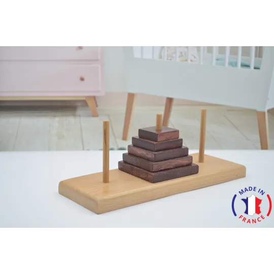 The tower of Hanoi in solid beech.