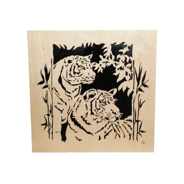 tableau en bois chantournés - tableau couple tigre
