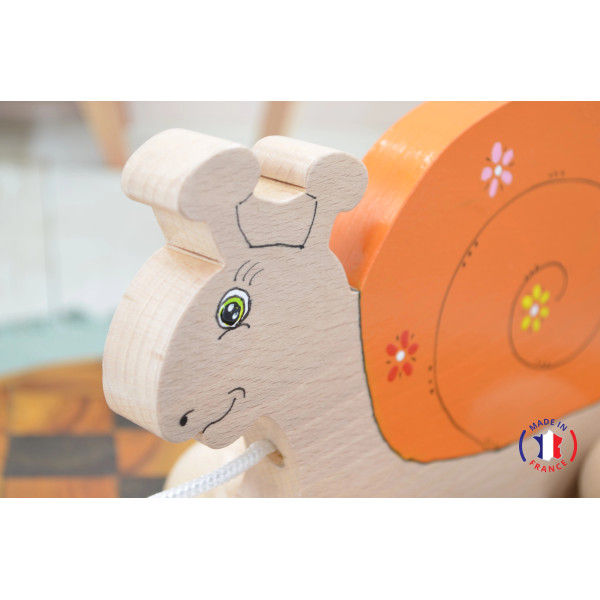jouet en bois - Escargot à tirer orange